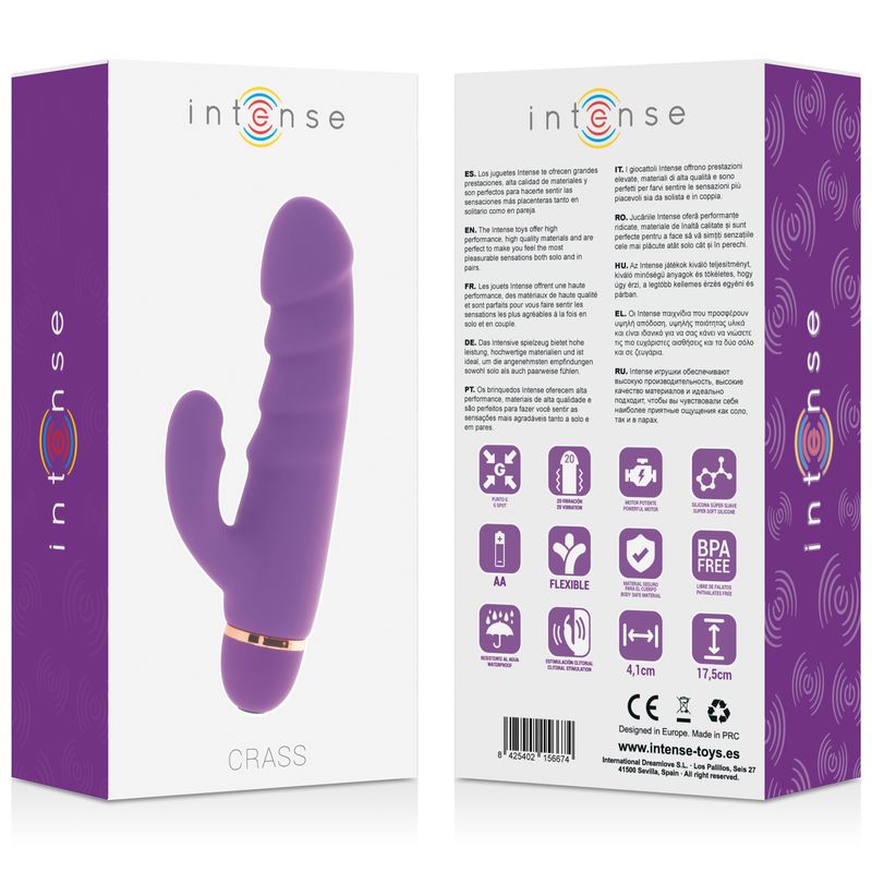Verpackung mit lila Vibrator. Auf der Verpackung steht 'intense' und 'crass'.