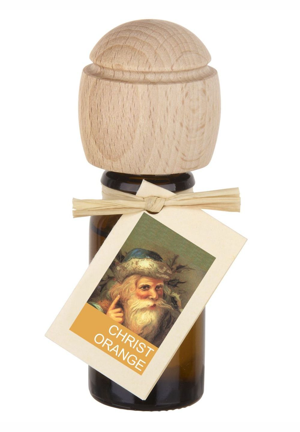 Braune Glasflasche mit Holzverschluss und Anhänger. Aufschrift: CHRIST ORANGE. Abbildung eines Weihnachtsmannes.