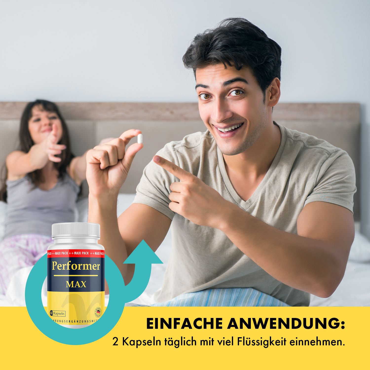 Mann hält Kapsel. Flasche mit gelb-blauem Etikett: Performer MAX. Text: Einfache Anwendung: 2 Kapseln täglich mit viel Flüssigkeit einnehmen.