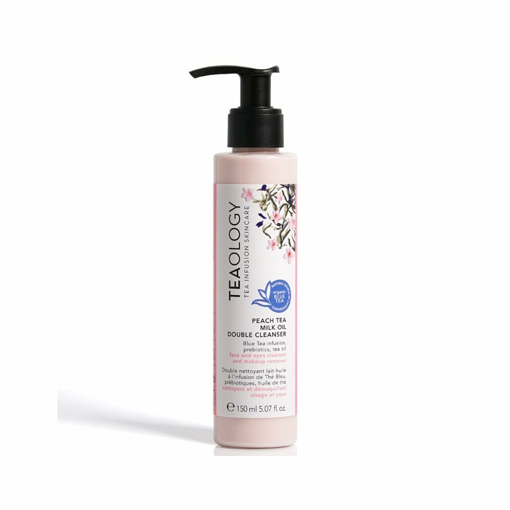 Eine Flasche "Peach Tea & Oil Double Cleanser" von Teaology mit Pumpspender, umgeben von Blüten.