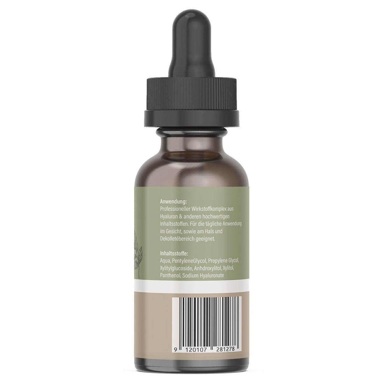 Rückseite einer braunen Glasflasche mit Etikett. Text: Inhaltsstoffe, Barcode.