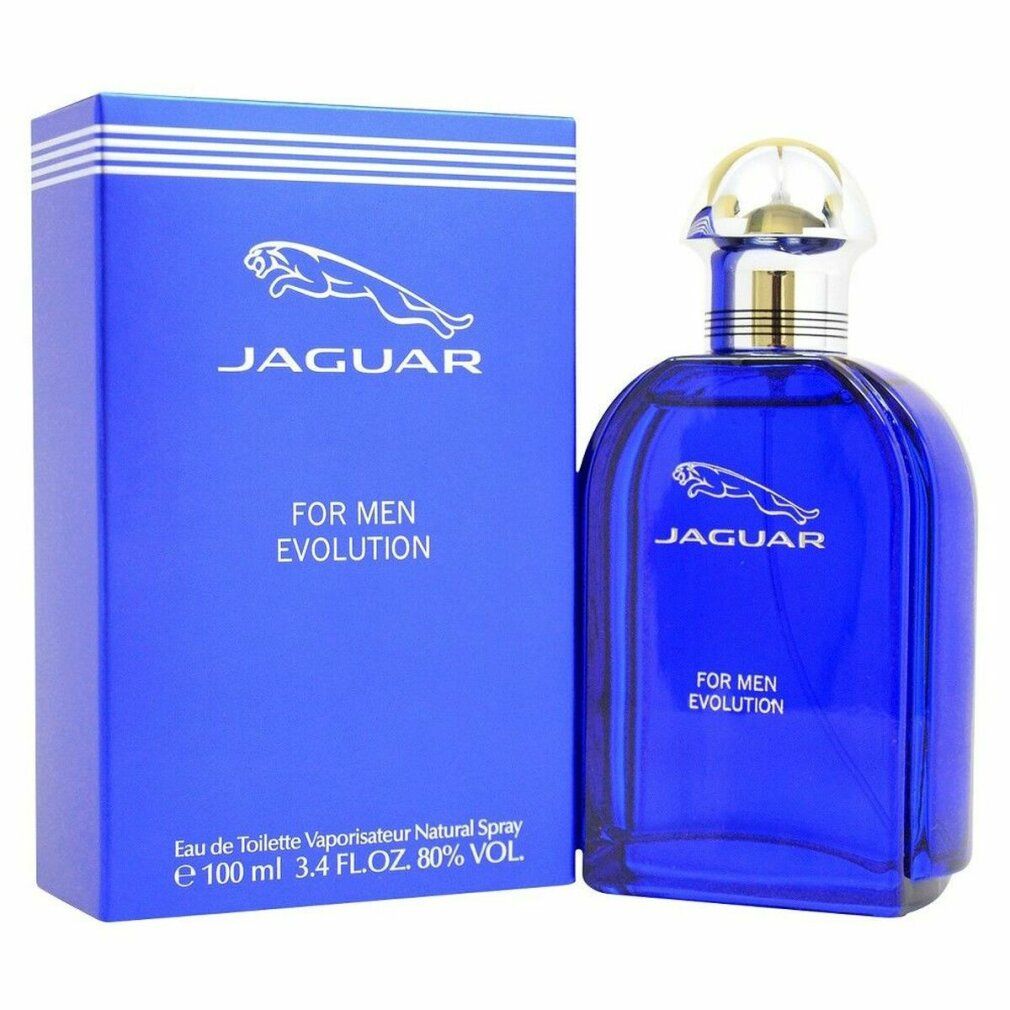 Blaues Parfümflakon und Schachtel. Aufschrift: Jaguar, For Men Evolution. Logo: springender Jaguar. Flakon: silberner Verschluss.