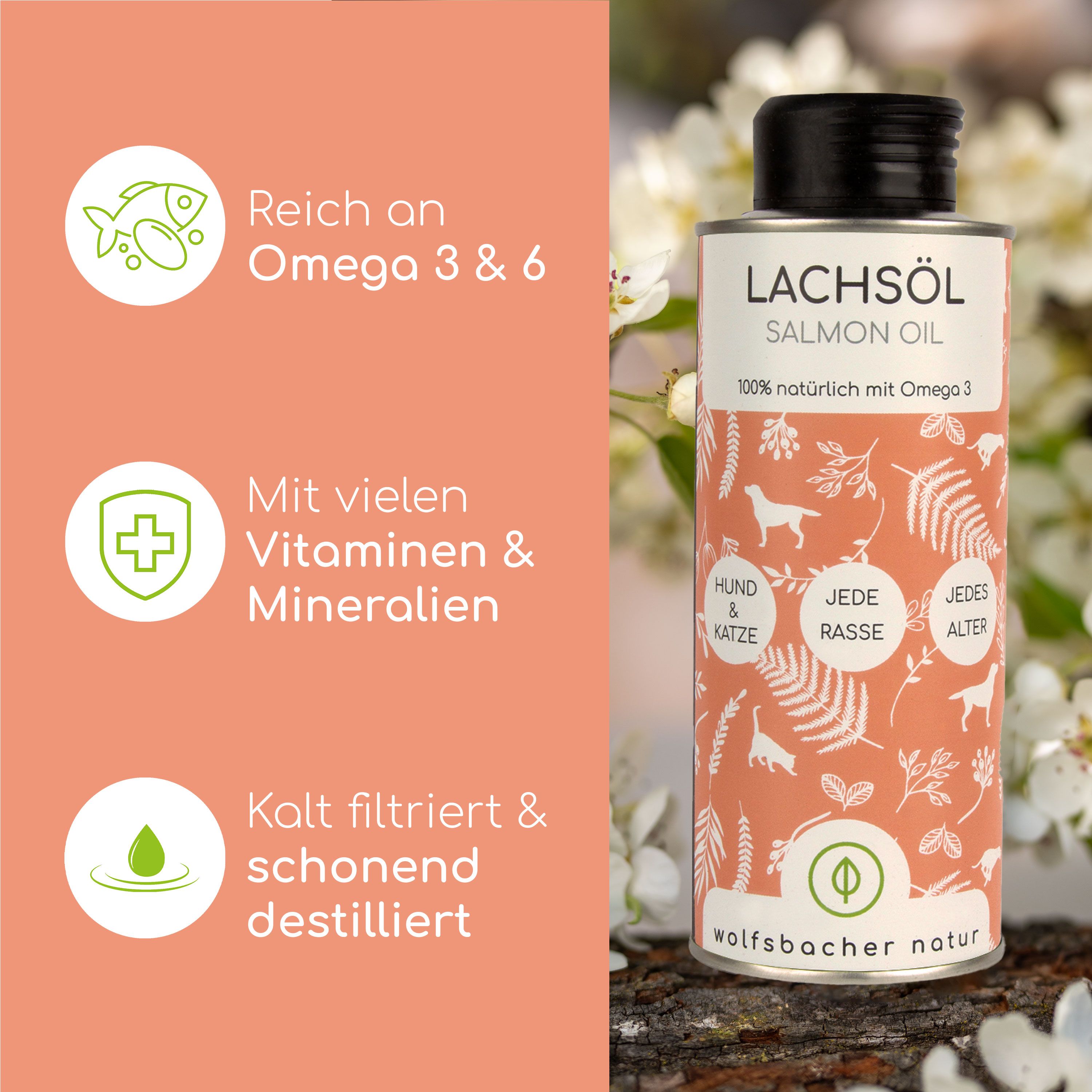 Flasche Lachsöl mit schwarzem Deckel. Grafiken: Reich an Omega 3 & 6, Mit vielen Vitaminen & Mineralien, Kalt filtriert & schonend destilliert.