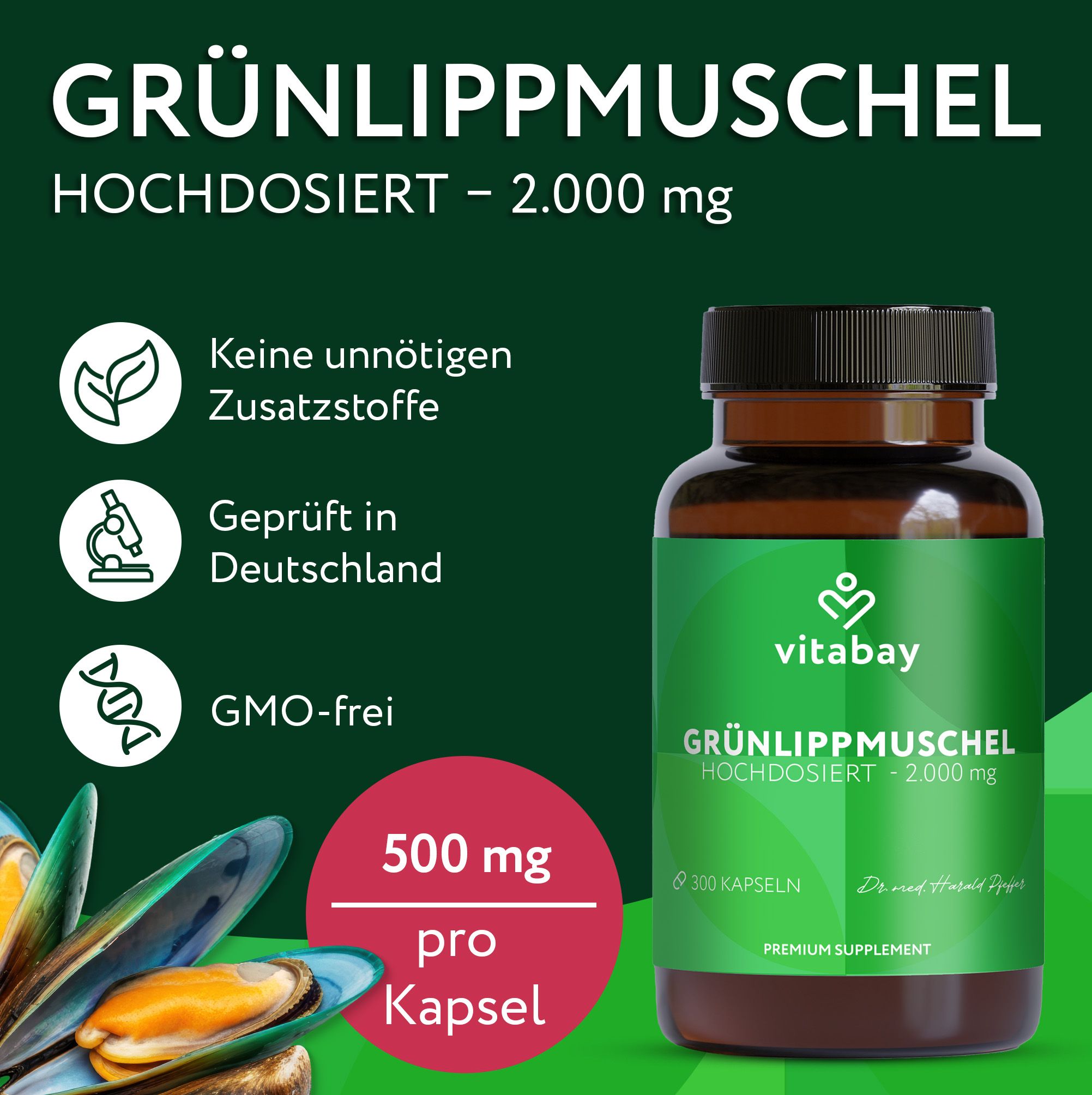 Flasche Vitabay GRÜNLIPPMUSCHEL 2000 mg. Informationen: Keine Zusatzstoffe, geprüft in Deutschland, GMO-frei.
