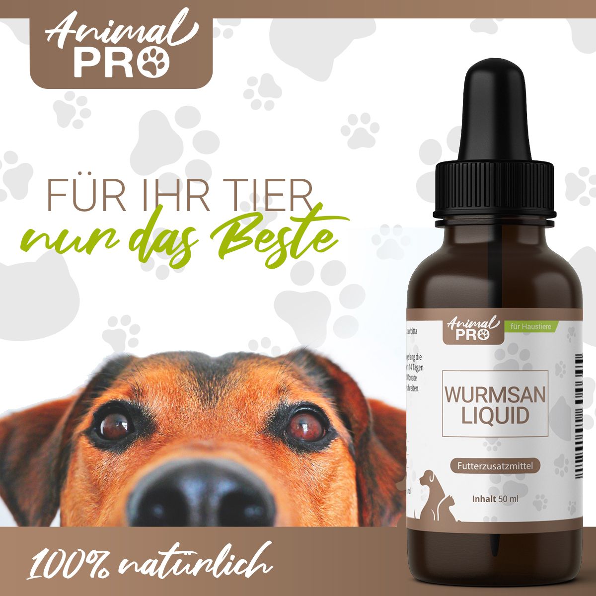 Produktflasche neben Hund. Text: Für Ihr Tier nur das Beste. Logo und Produktname auf Etikett.