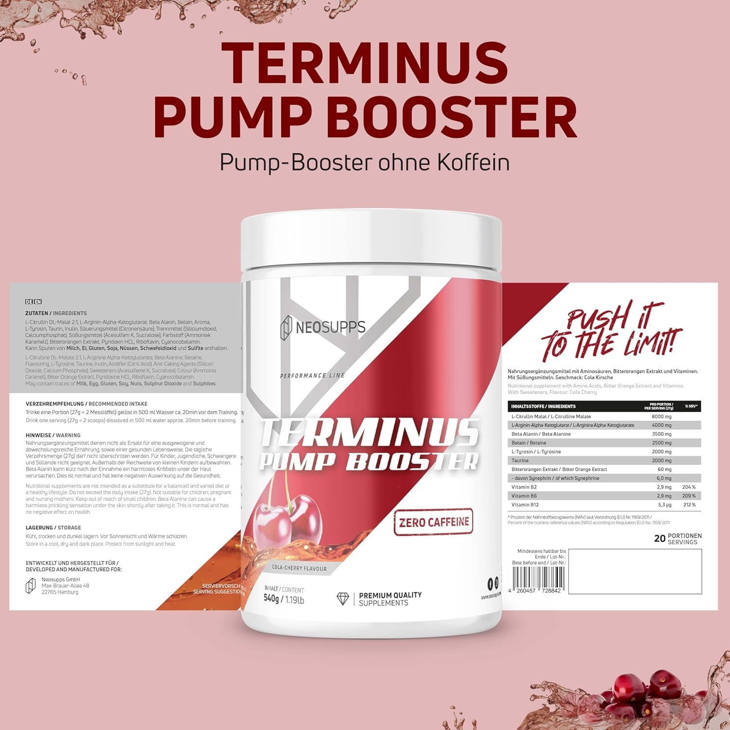 Weißes Supplement-Behälter mit rotem Akzent. Aufschrift: Terminus Pump Booster. Mit Produktinformationen.