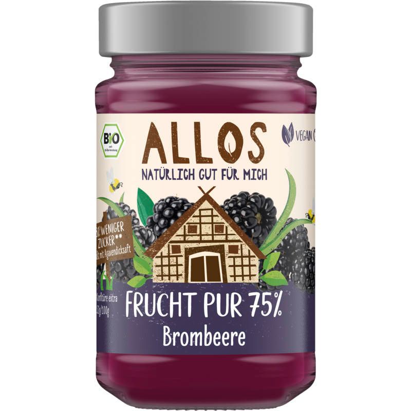 Glas mit Allos Frucht Pur 75% Brombeere. Aufschrift: Natürlich gut für mich. Bio-Siegel. Vegan-Logo. Abbildung von Brombeeren und einem Haus.
