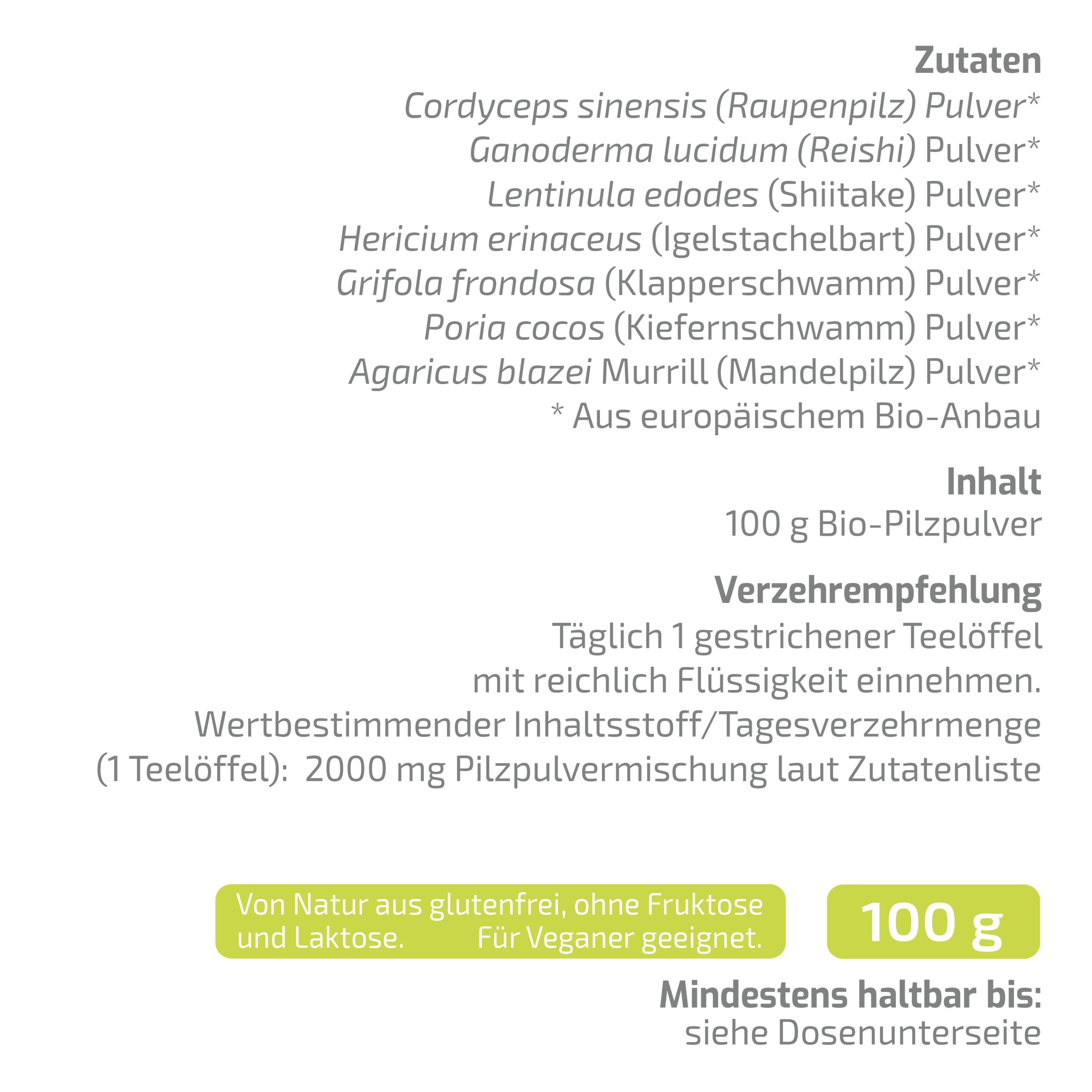 BEAUVITAL® Pure Bio Blend Powerimmune Vitalpilzpulver, Cordyceps Reishi Shiitake Hericium Agaricus