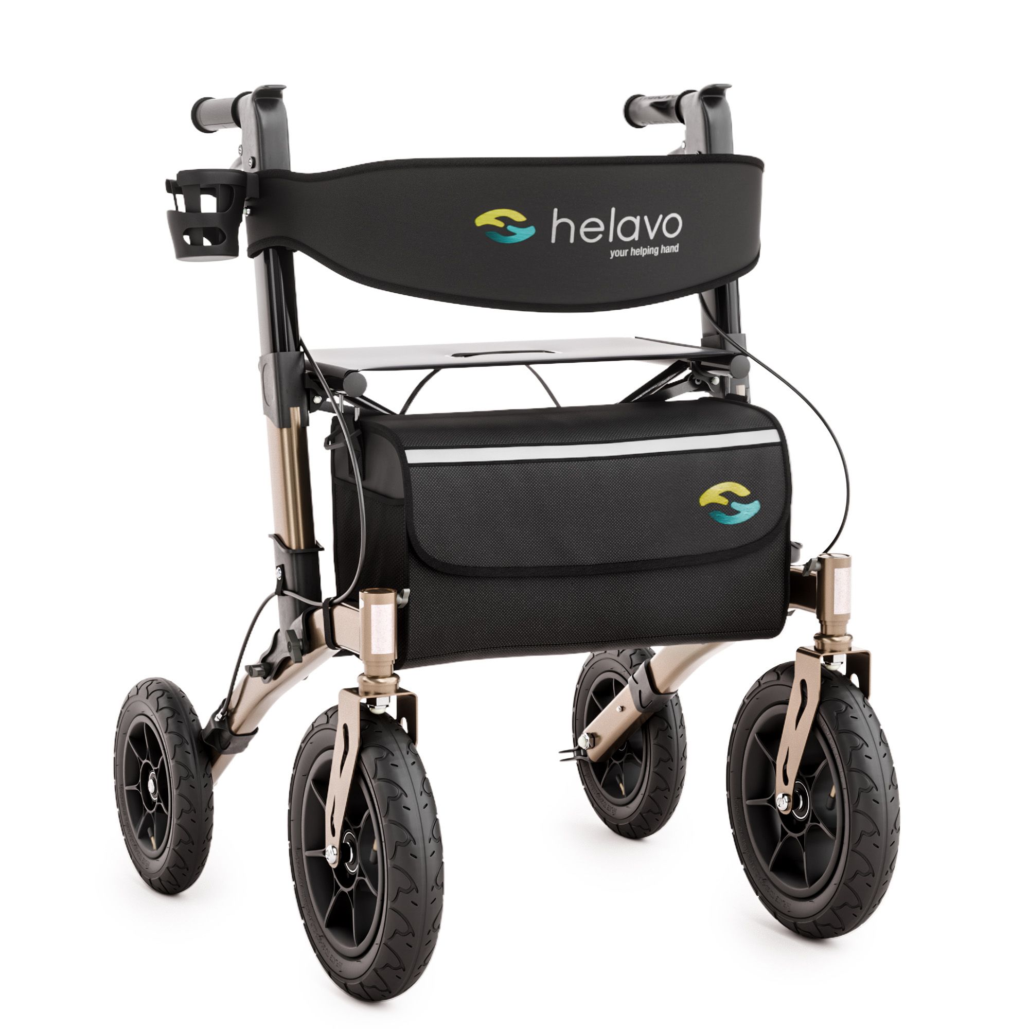 Helavo Outdoor Rollator mit Luftbereifung faltbar mit Sitz und Rueckenlehne