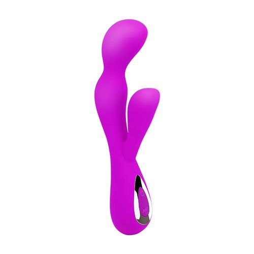 Lila Vibrator mit geschwungener Form und zwei Ausläufern. Silberfarbene Bedienelemente am unteren Ende.