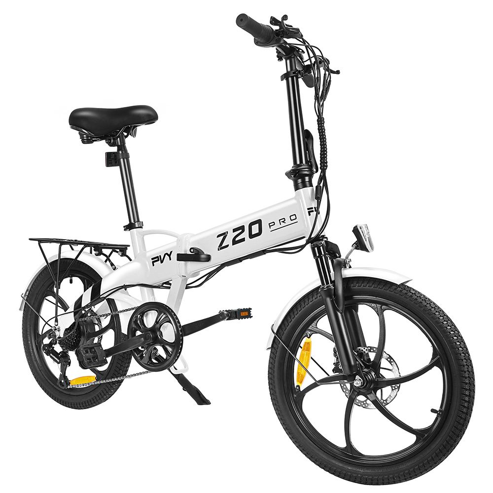 Weißes, zusammenklappbares Elektrofahrrad. Schwarze Reifen, Sattel und Lenker. Gepäckträger hinten. Z20 Pro Schriftzug.
