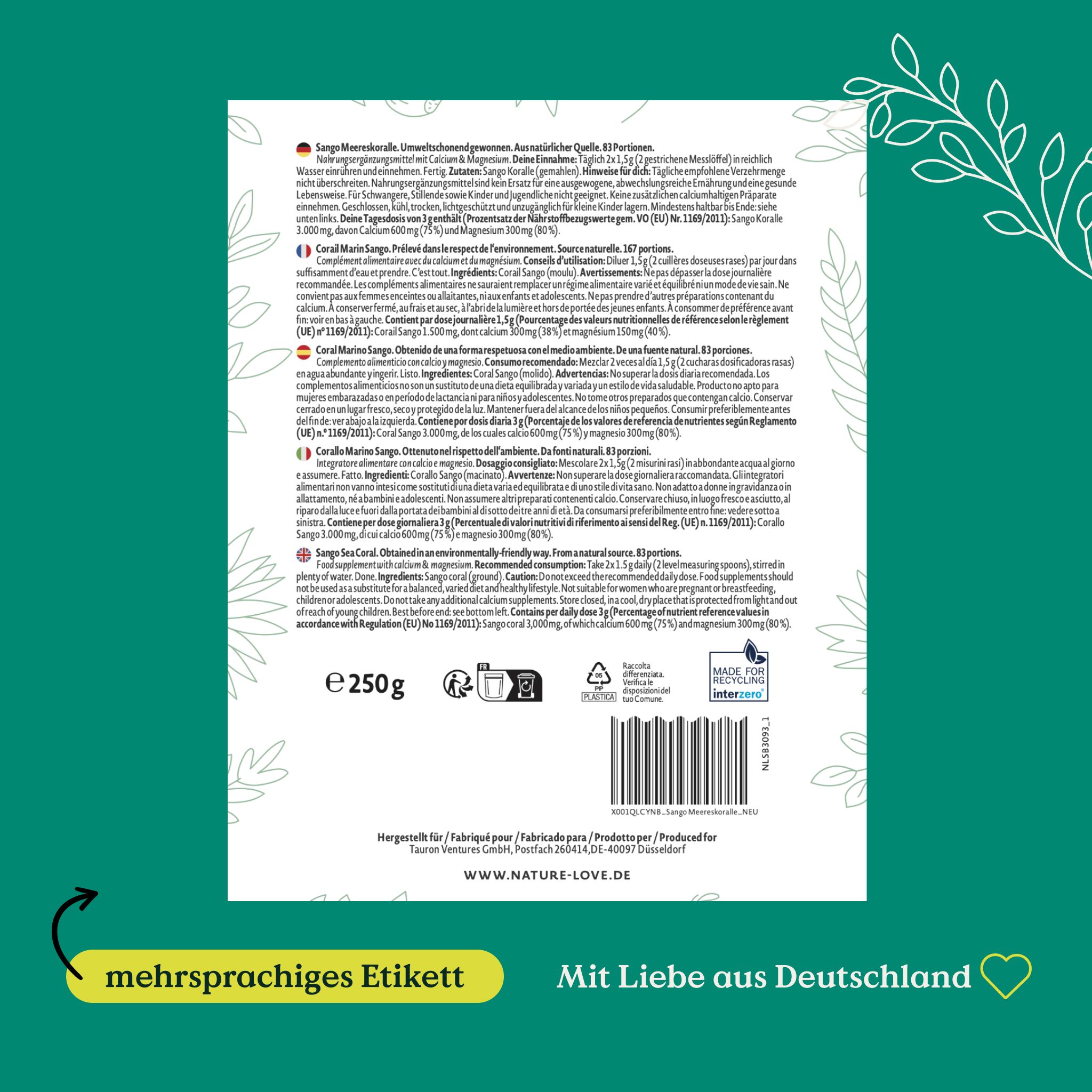 Rückseite der Produktverpackung. Mehrsprachiges Etikett. Text: Mit Liebe aus Deutschland. Informationen zu Inhaltsstoffen und Nährwerten.