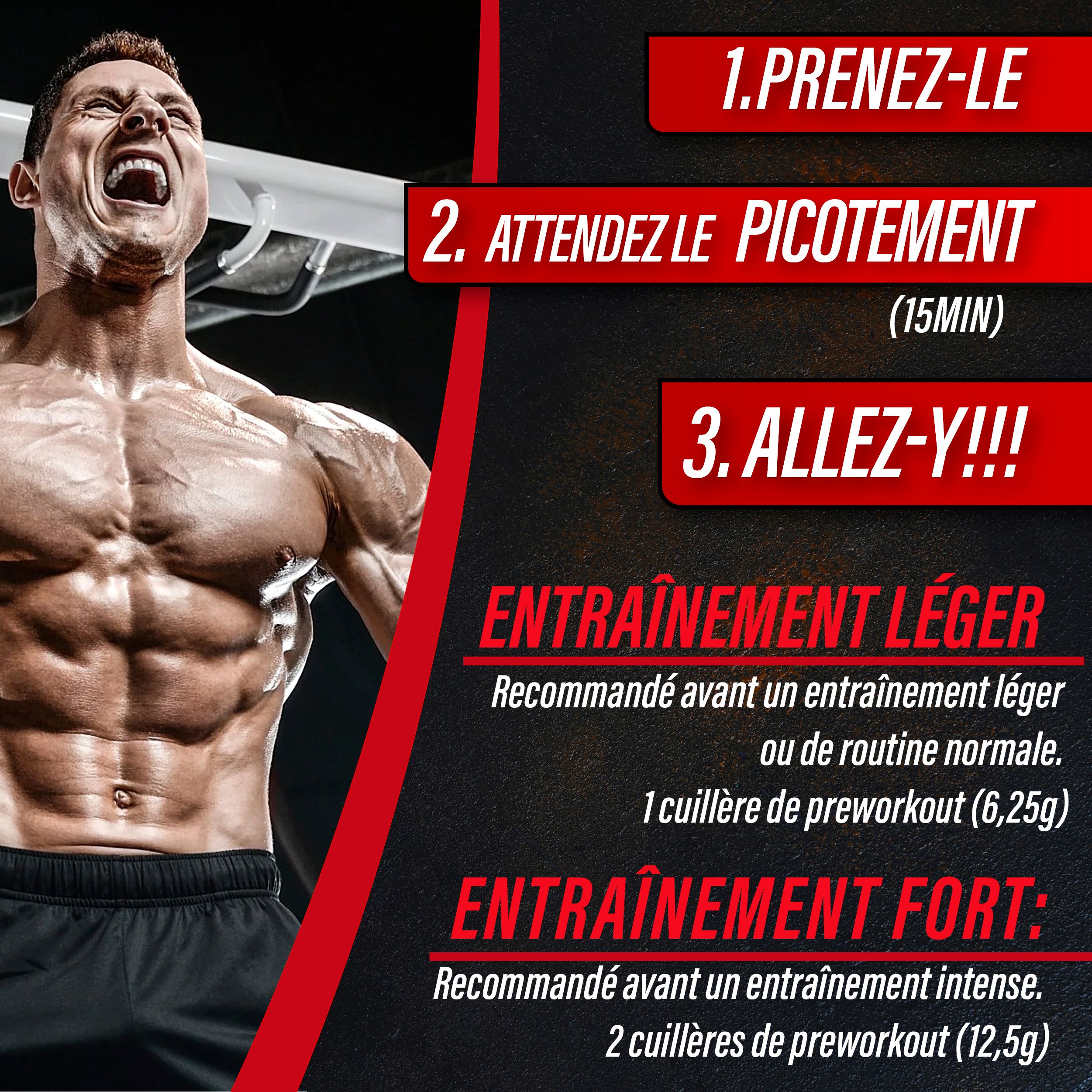 Homme musclé criant. Texte : 1. Prenez-le. 2. Attendez les picotements (15min). 3. Allez-y!!! Entraînement léger et fort.