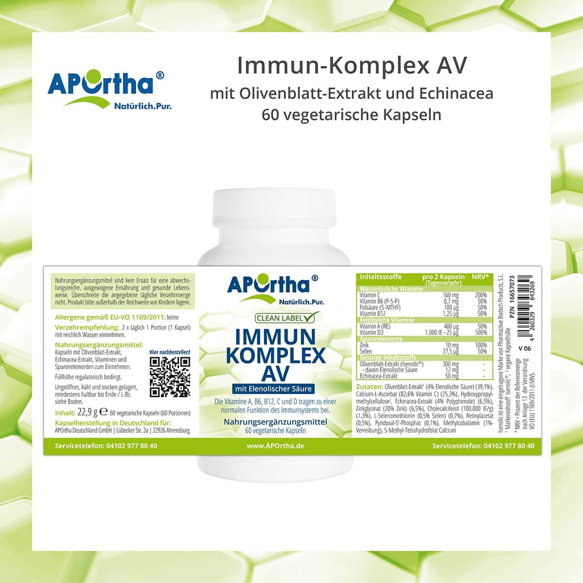 Weiße Flasche APOrtha® Immun-Komplex AV Kapseln. Etikett mit Inhaltsstoffen und Nährwertangaben. 60 Kapseln.