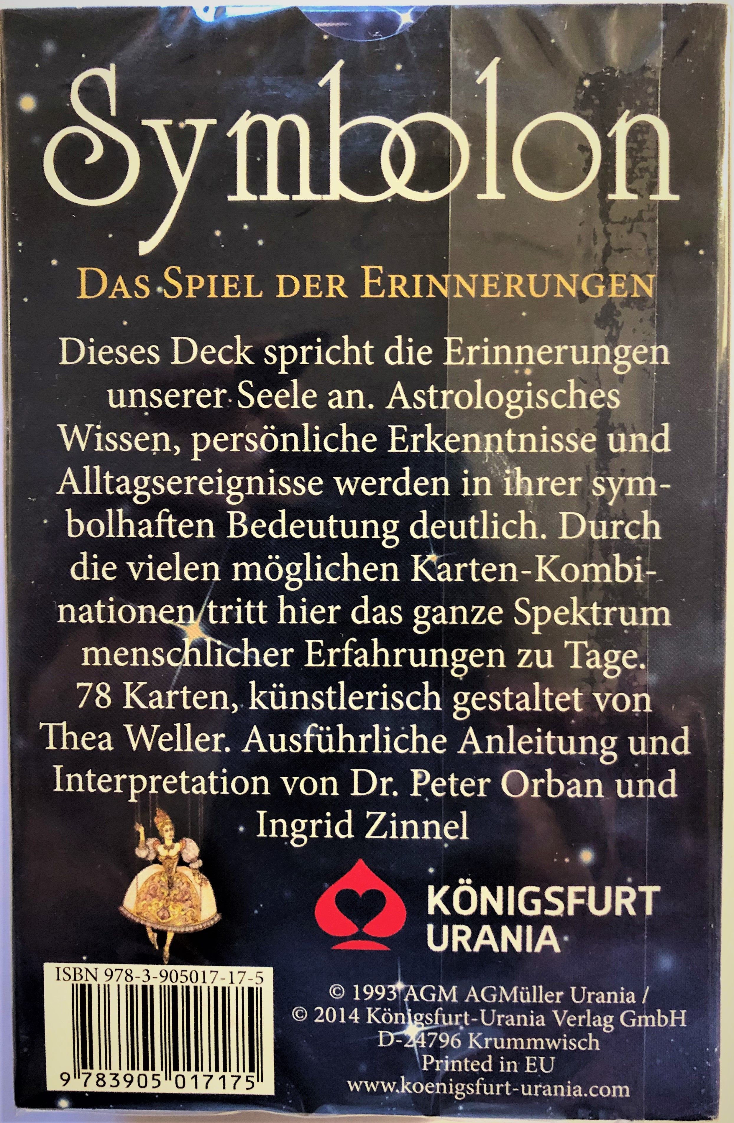 Rückseite der Symbolon-Kartenspiel-Schachtel. Text in Deutsch. Logo: Königsfurt Urania. ISBN- und Copyright-Informationen.