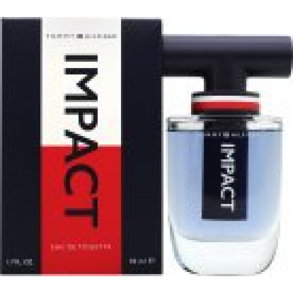Glasflakon mit blauer Flüssigkeit und schwarzem Verschluss. Daneben die Verpackung mit IMPACT-Schriftzug und Tommy Hilfiger.