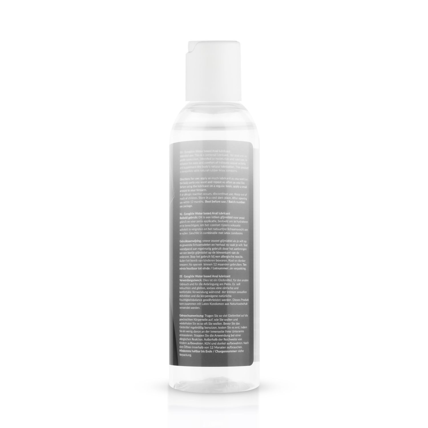 Transparente Flasche mit weißem Deckel. Rückseite mit Text und Barcode.