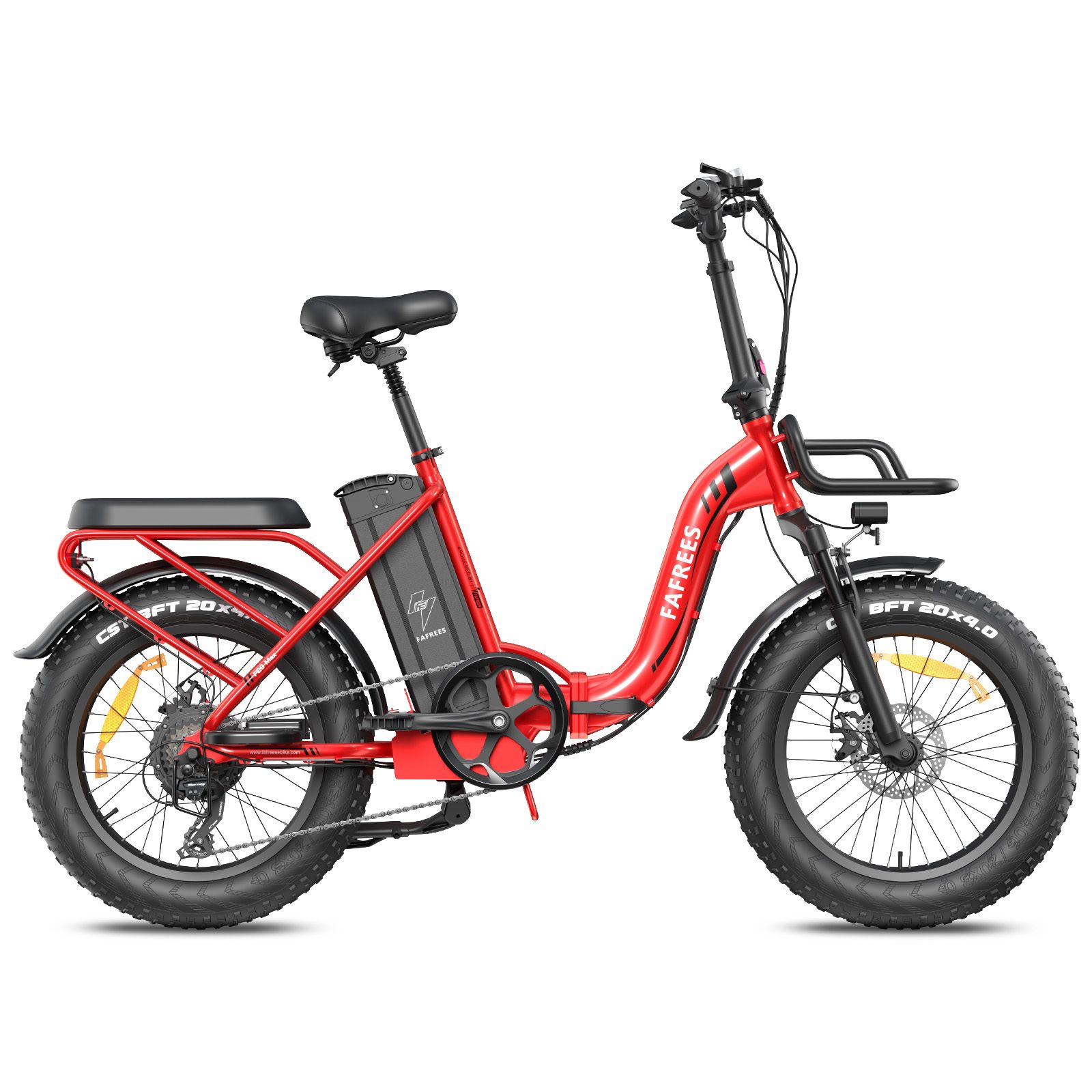 Rotes Falt-E-Bike mit schwarzem Korb, Reifen und Sattel. FAFREES-Logo sichtbar. Mit Akku und LCD-Display.