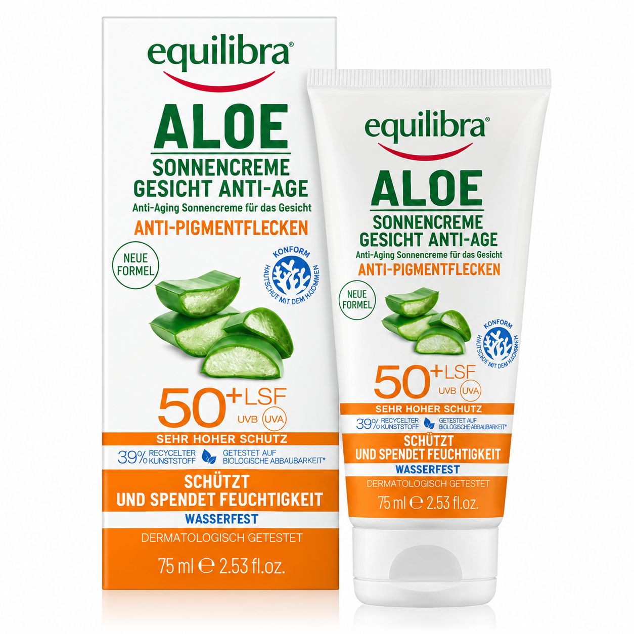 Equilibra Aloe Sonnenschutz Gesichtscreme Anti-Age LSF 50+, 75ml. Mit Aloe Vera.