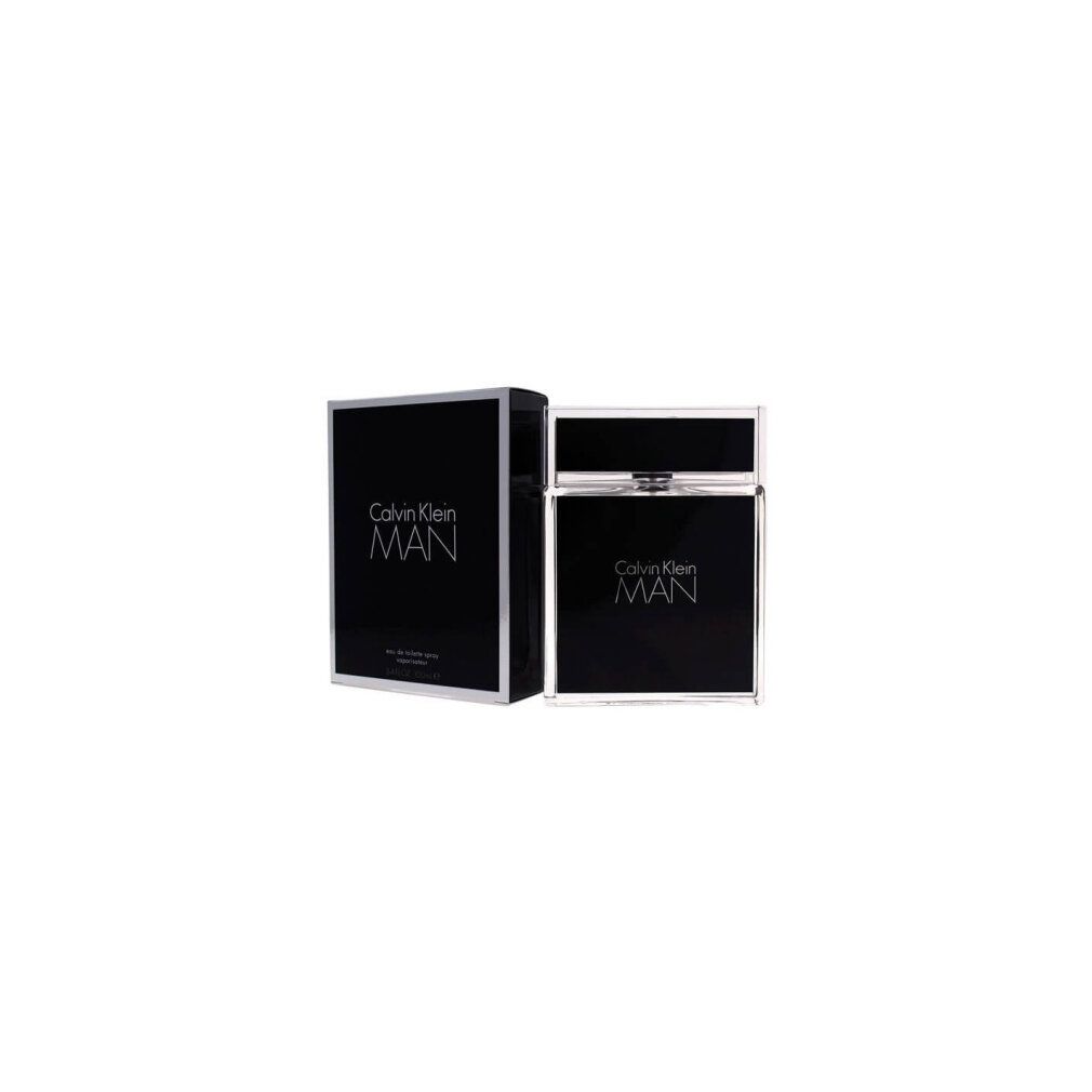 Flakon und Verpackung. Schwarze Verpackung mit silbernem Rand. Aufschrift: Calvin Klein MAN.