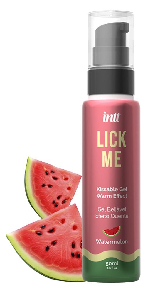 Rosa Flasche mit Pumpe, Aufschrift "LICK ME" und Wassermelone. Daneben zwei Wassermelonenstücke.