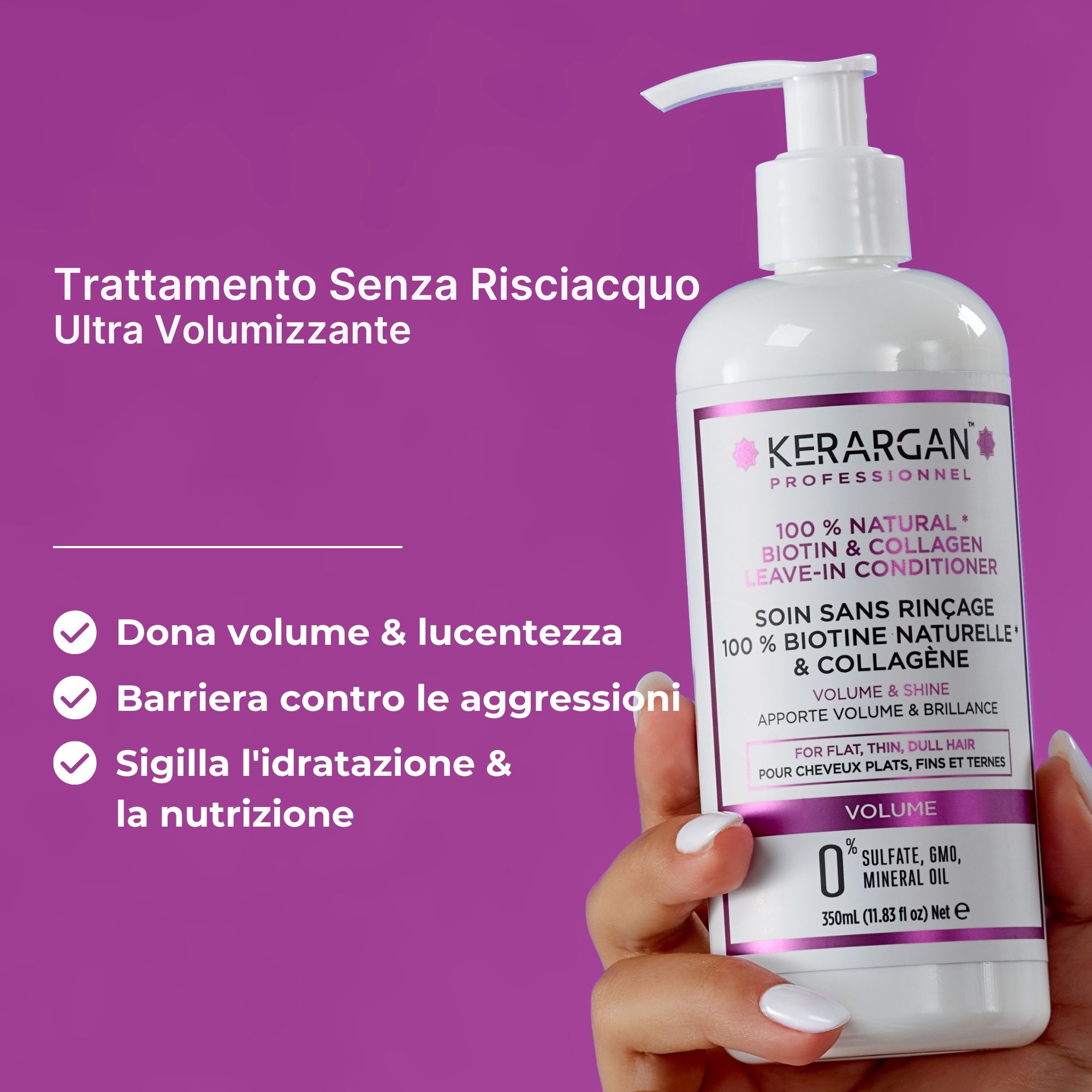Istruzioni per l'uso del trattamento senza risciacquo. 3 passaggi: Applicare, massaggiare, non risciacquare.