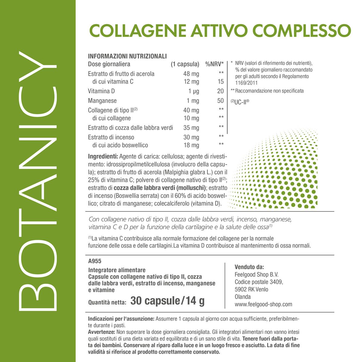 Confezione del prodotto con informazioni. Testo: 30 capsule. Ingredienti, informazioni nutrizionali. Marchio: Botanicy. Informazioni produttore.