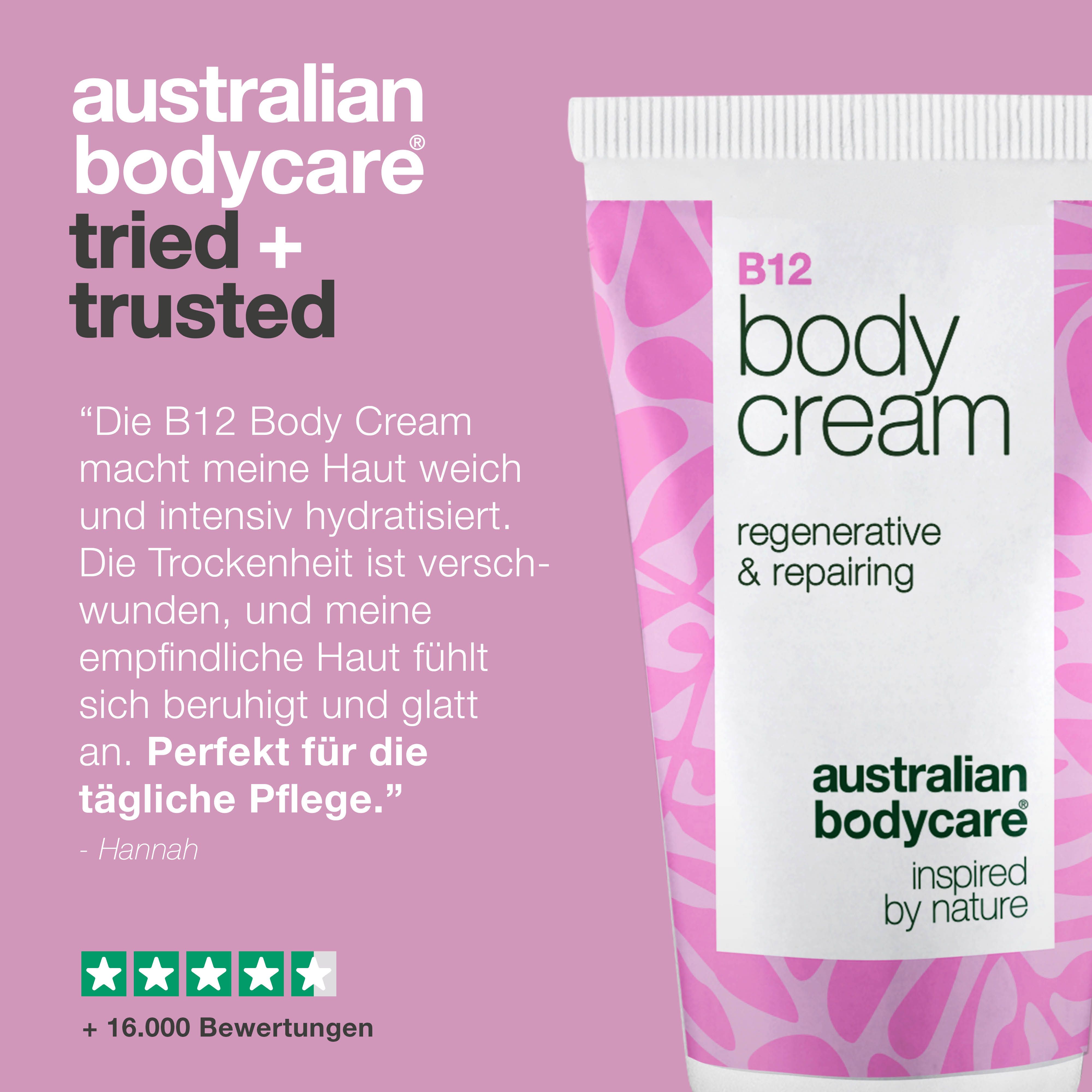 B12 Body Cream, regenerative & repairing, Australian Bodycare. Text: Die B12 Body Cream macht meine Haut weich.