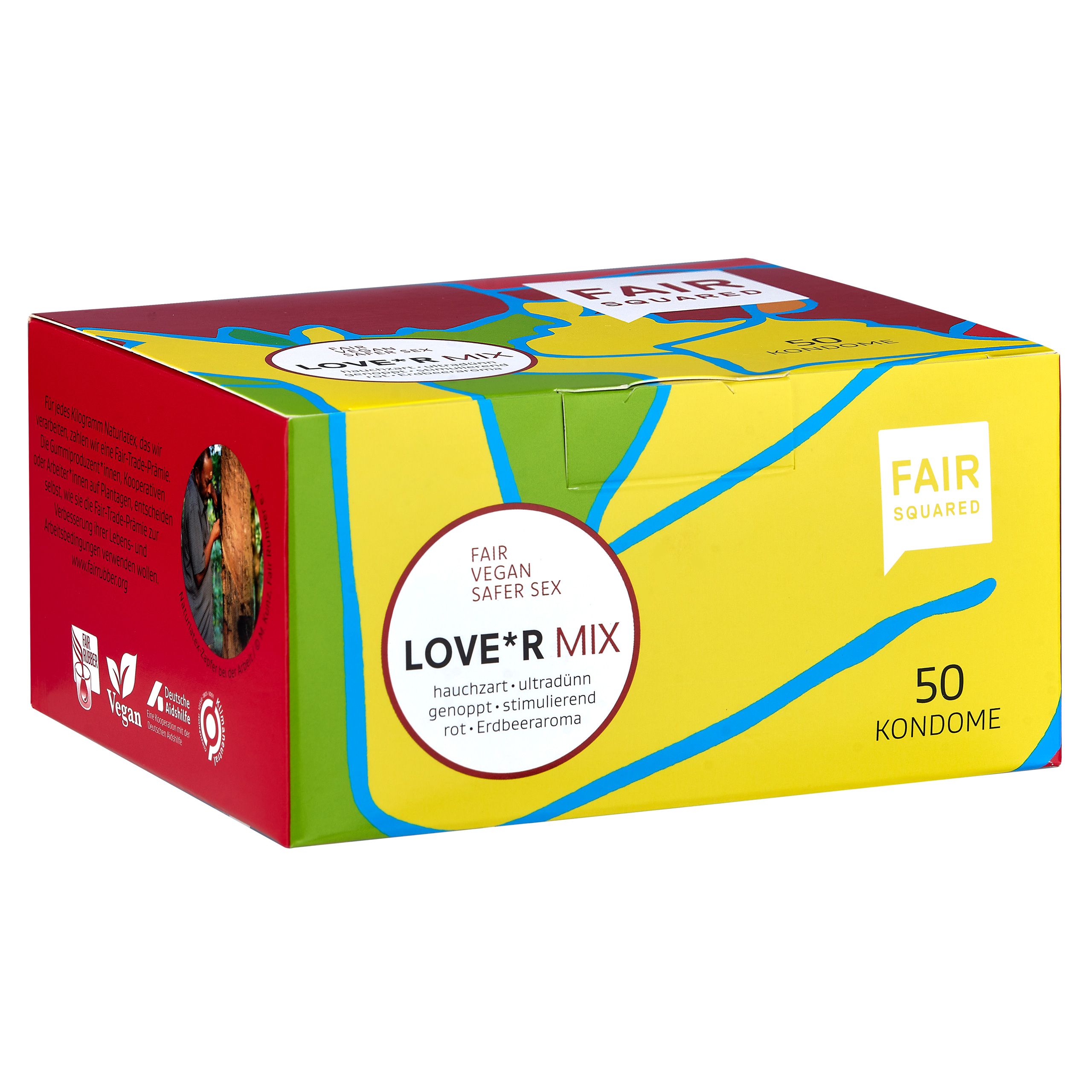 Karton mit 50 Kondomen. Aufschrift: FAIR SQUARED, LOVE*R MIX. Vegan, hauchzart, genoppt, Erdbeeraroma.