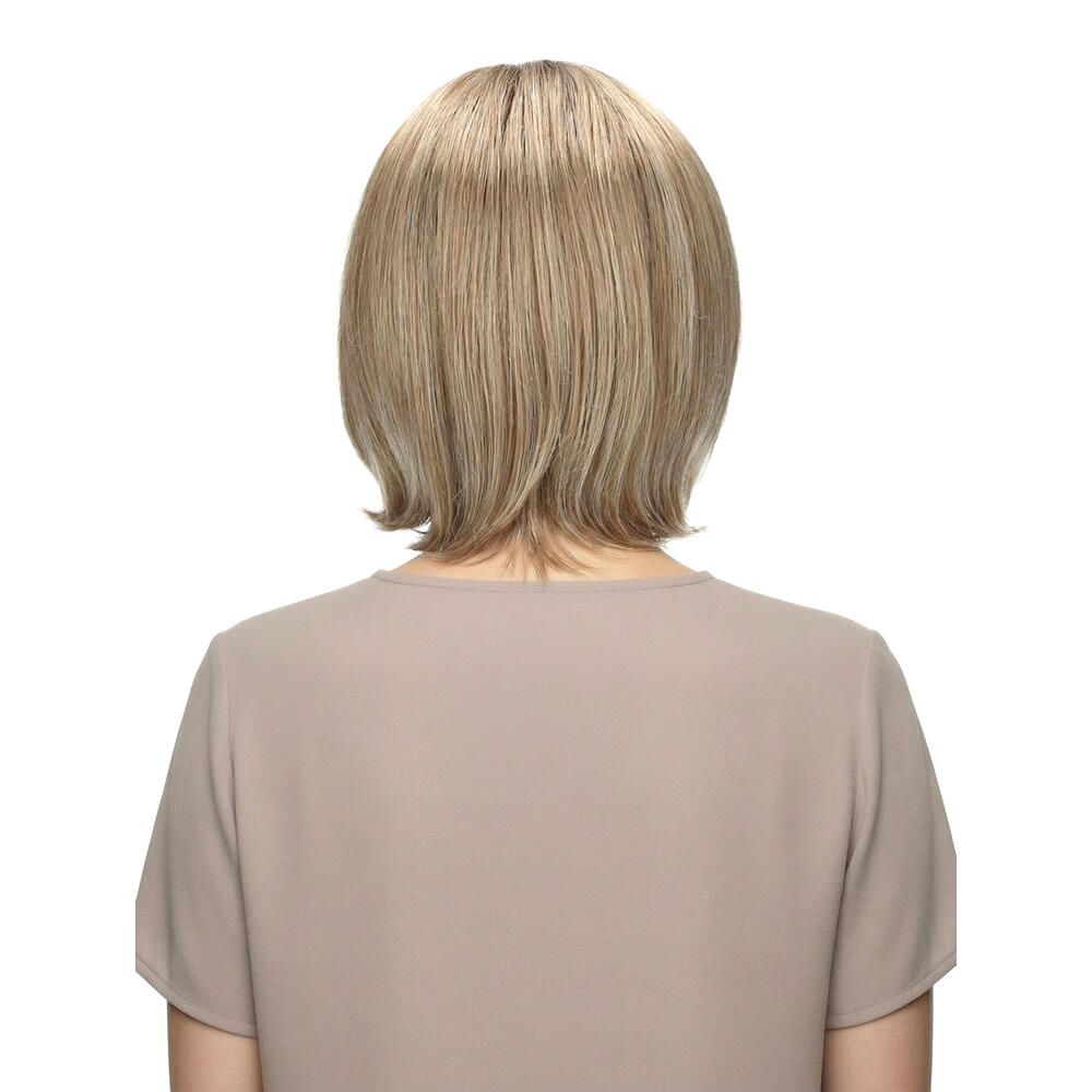 Rückansicht einer Perücke mit kurzem, blondem Haar.