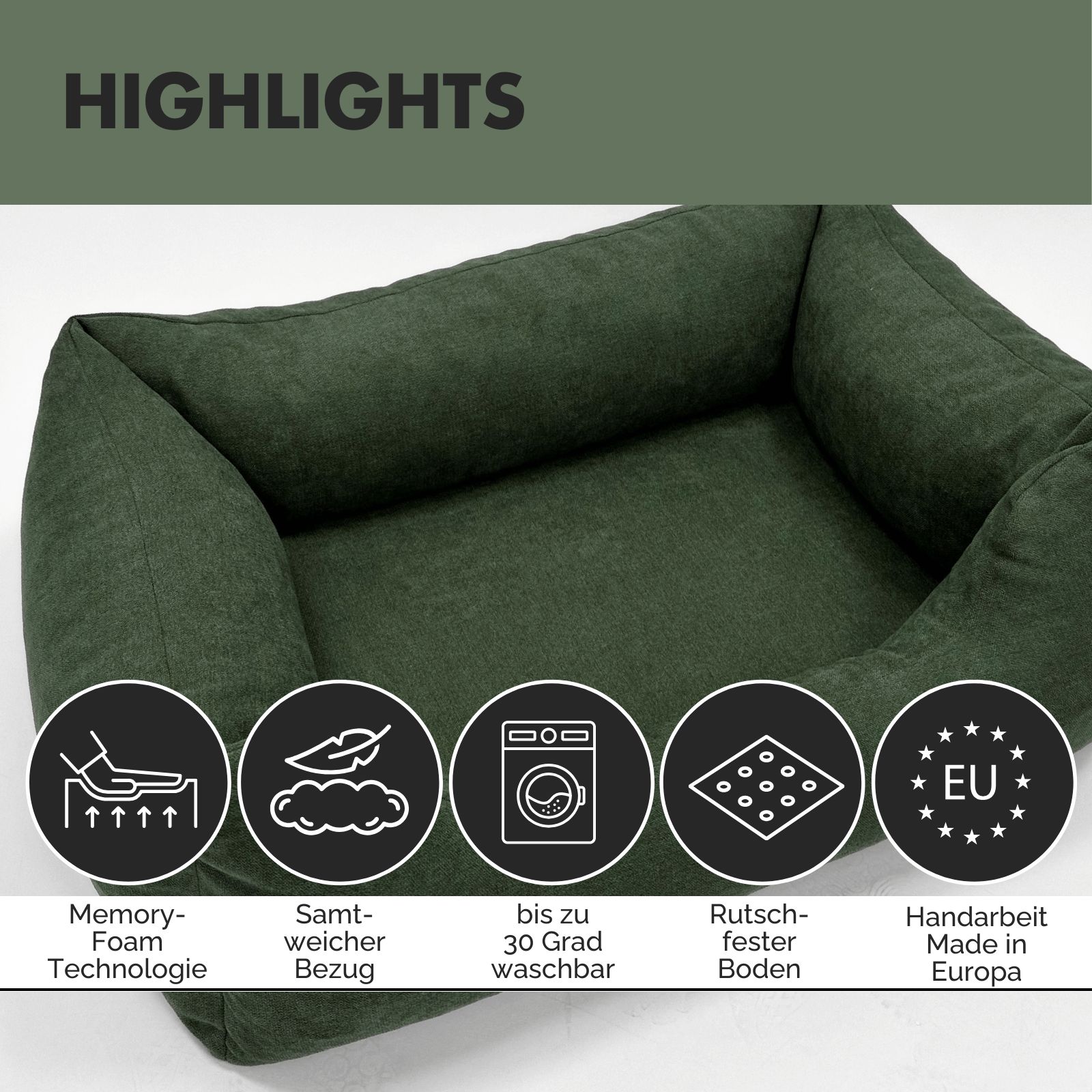 Grünes Hundebett. Icons: Memory Foam, samtweicher Bezug, waschbar, rutschfester Boden, Handarbeit in Europa. Text: Highlights.