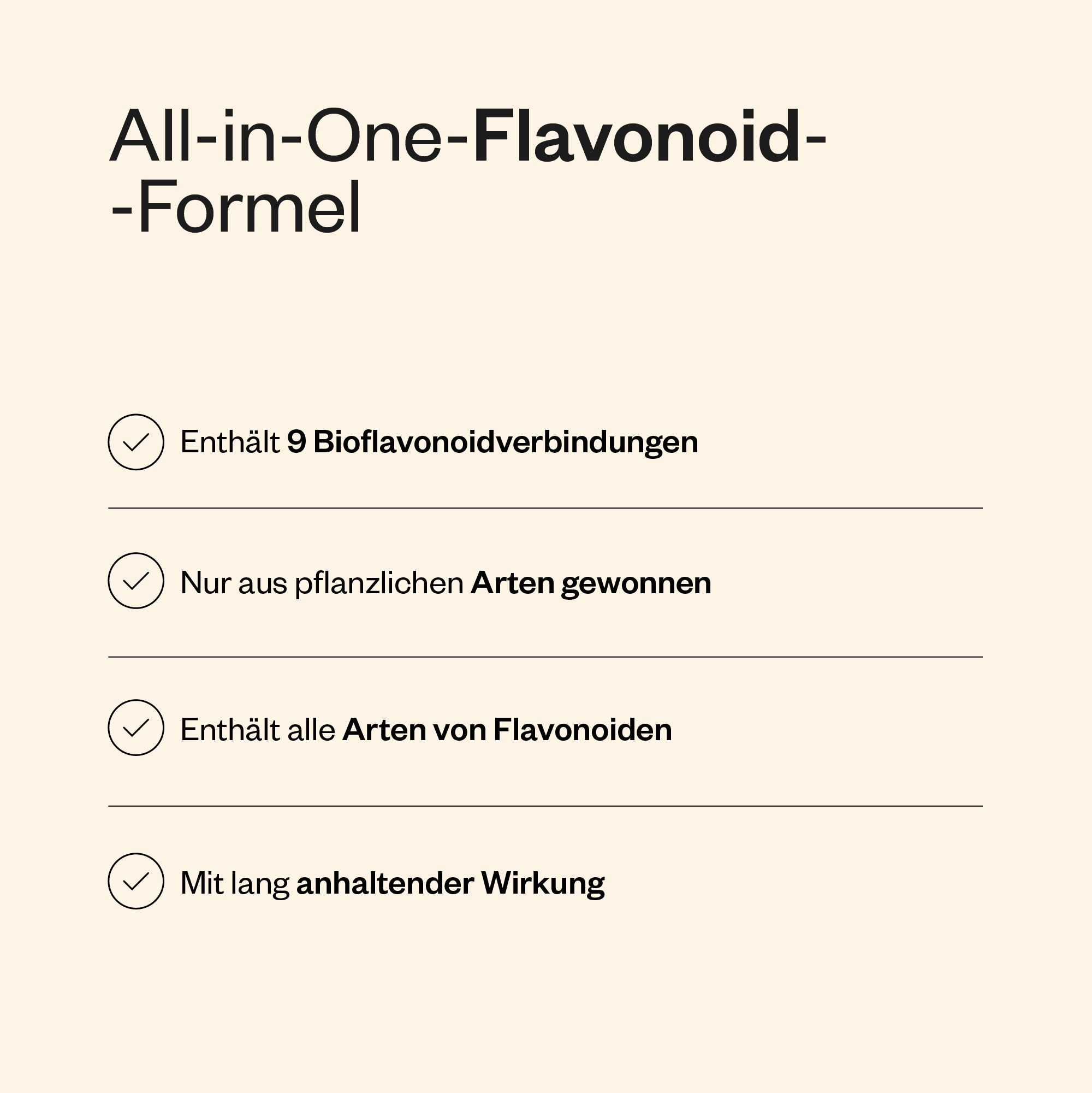 Aufzählung von 4 Punkten: Enthält 9 Bioflavonoidverbindungen, nur aus pflanzlichen Arten gewonnen, enthält alle Arten von Flavonoiden, mit lang anhaltender Wirkung.