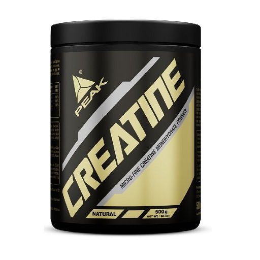 Schwarzer Behälter mit PEAK CREATINE Aufschrift, 500g.