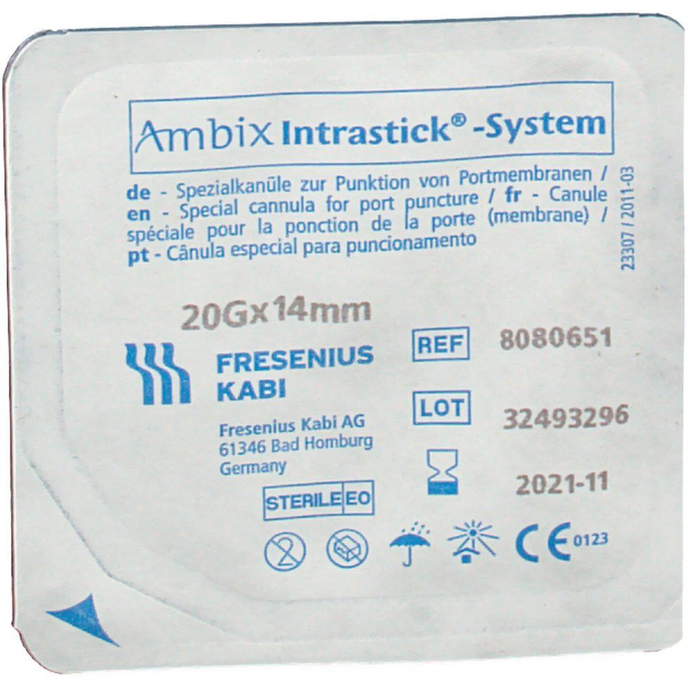 Verpackung von Ambix Intrastick®-System. Enthält eine Spezialkanüle. Größe: 20G x 14mm. Hersteller: Fresenius Kabi. Steril.