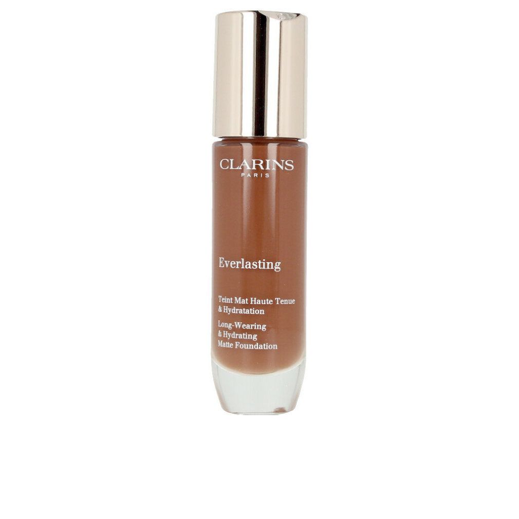 Flakon Foundation. Braune Flüssigkeit, goldfarbener Deckel. Schriftzug: Clarins, Everlasting, Teint Mat Haute Tenue & Hydratation.