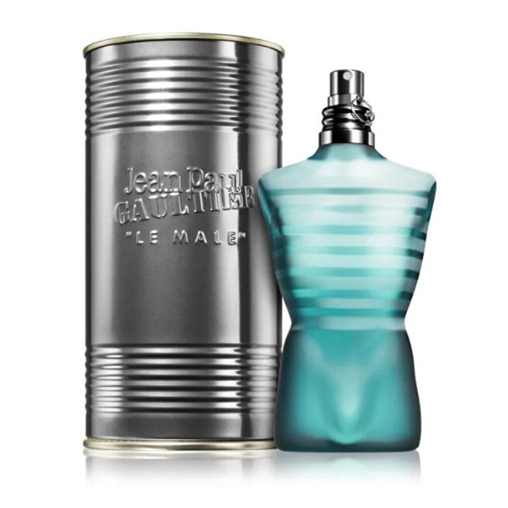 Zylindrische Dose und Flakon in Torsoform. Dose mit Logo "Jean Paul Gaultier Le Male". Flakon blau-weiß gestreift.