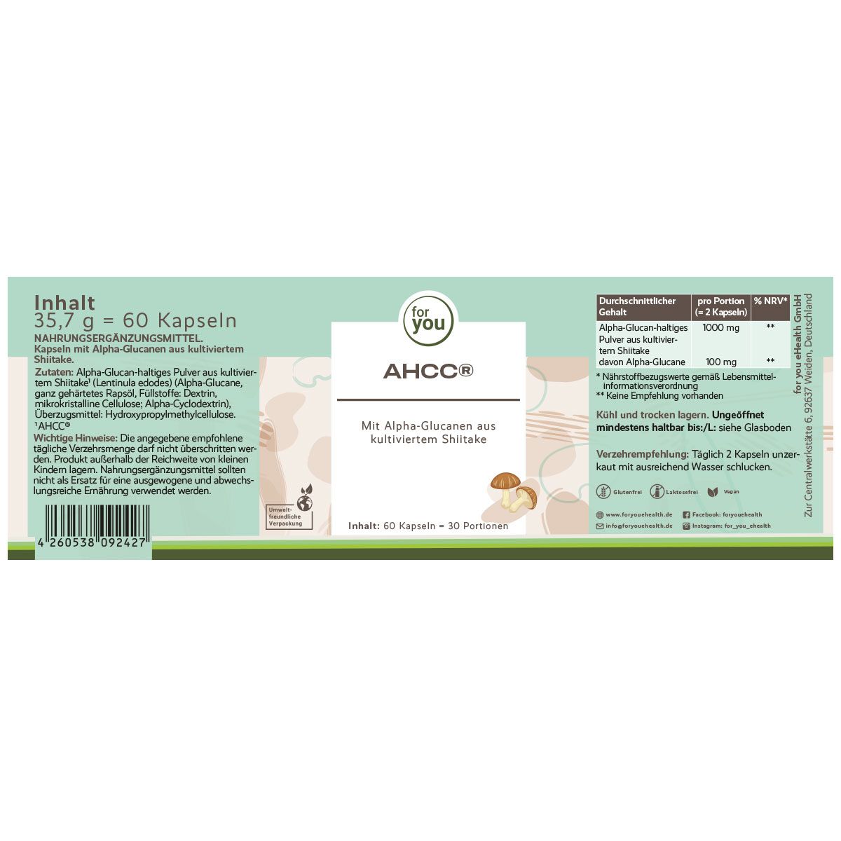 Verpackung mit AHCC®-Produkt. Aufschrift: "for you", AHCC®, 60 Kapseln. Informationen zu Inhaltsstoffen und Dosierung.
