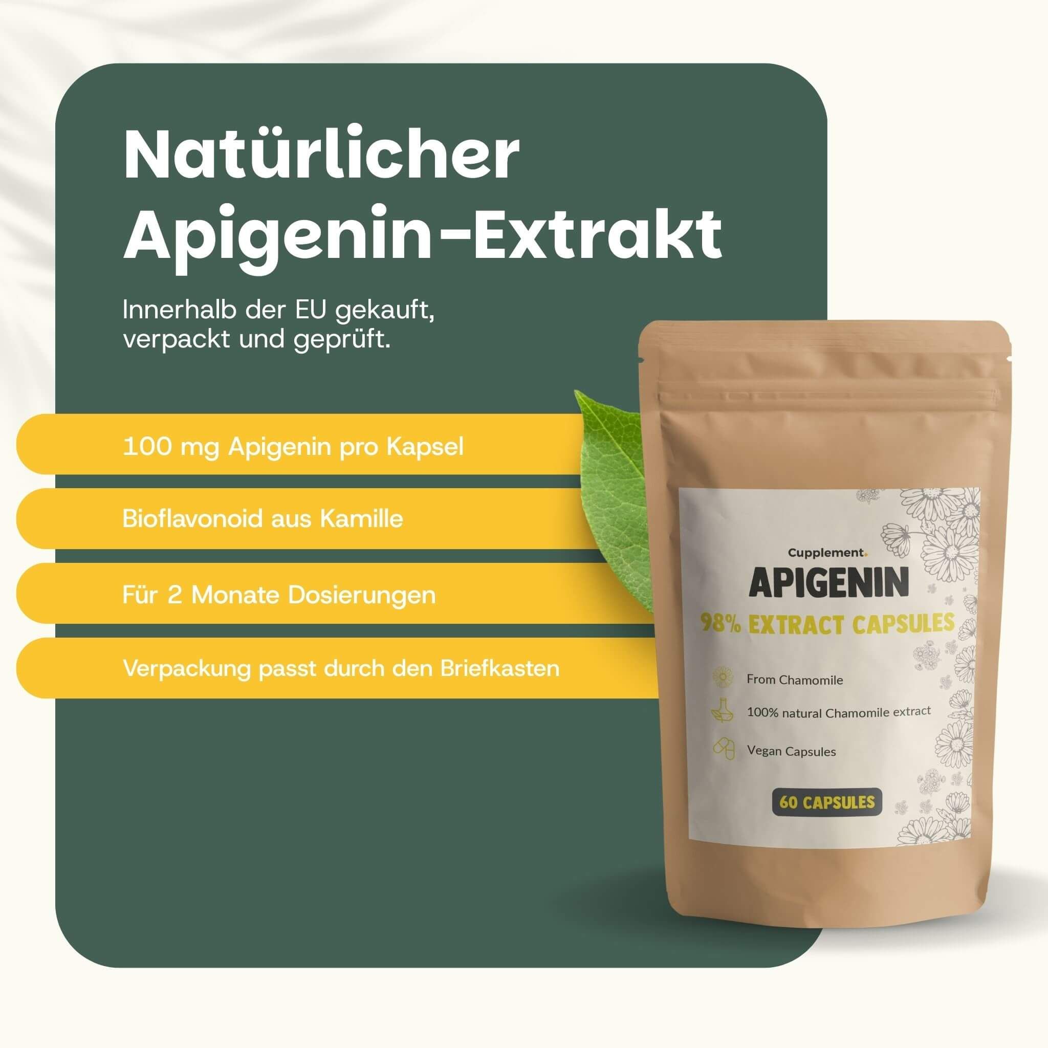 Beutel mit Kapseln. Text: Apigenin 98% Extrakt Kapseln. 60 Kapseln. Kundenbewertung 4.7/5. Zitate von Kunden.