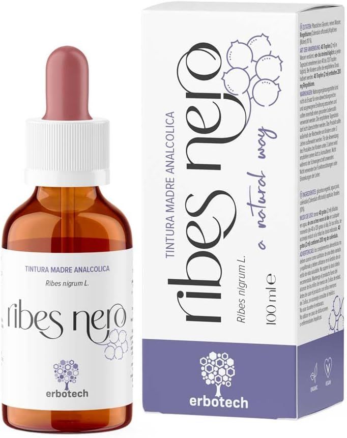 Braune Glasflasche mit Pipette und Karton. Aufschrift: Ribes Nero, erbotech. 100 ml.