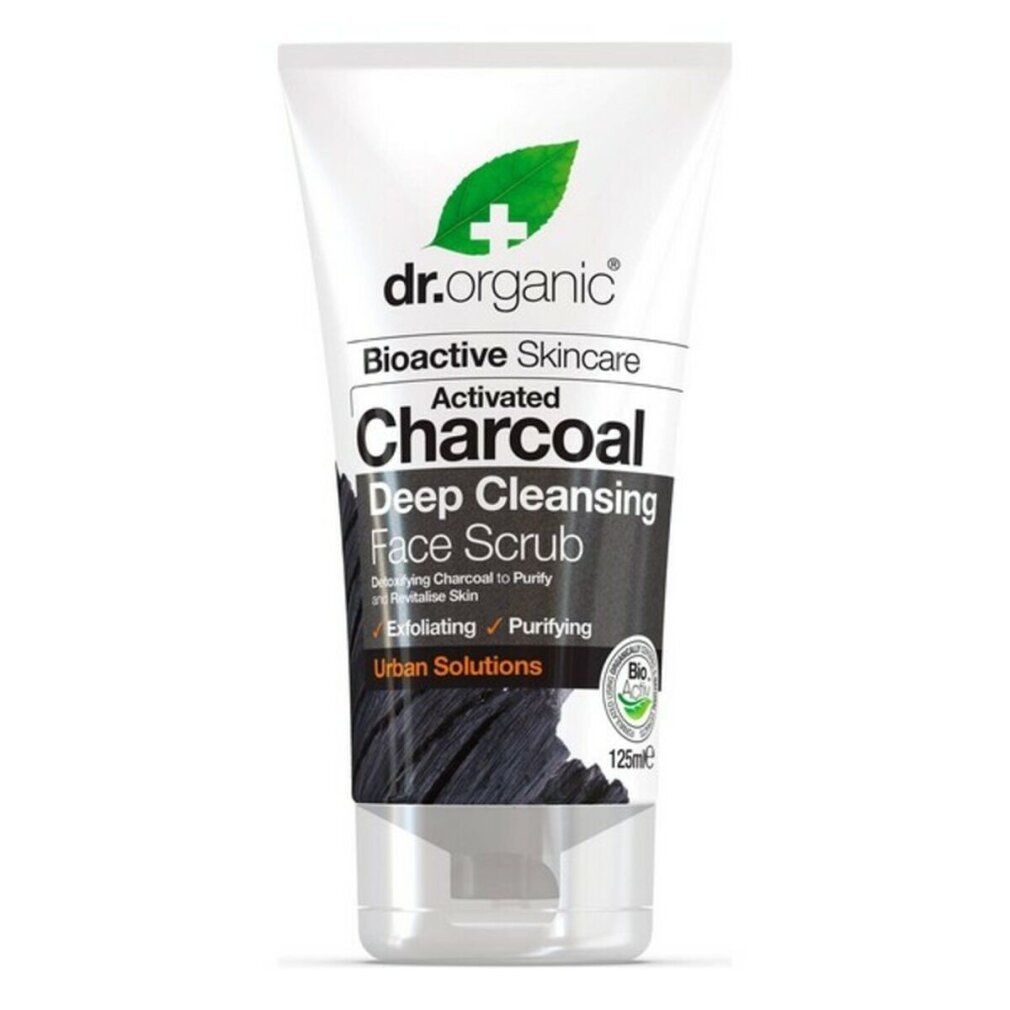 Weisse Tube mit schwarzem Gesichtspeeling. Aufschrift: Dr. Organic, Charcoal, Deep Cleansing Face Scrub. Bio-Siegel.