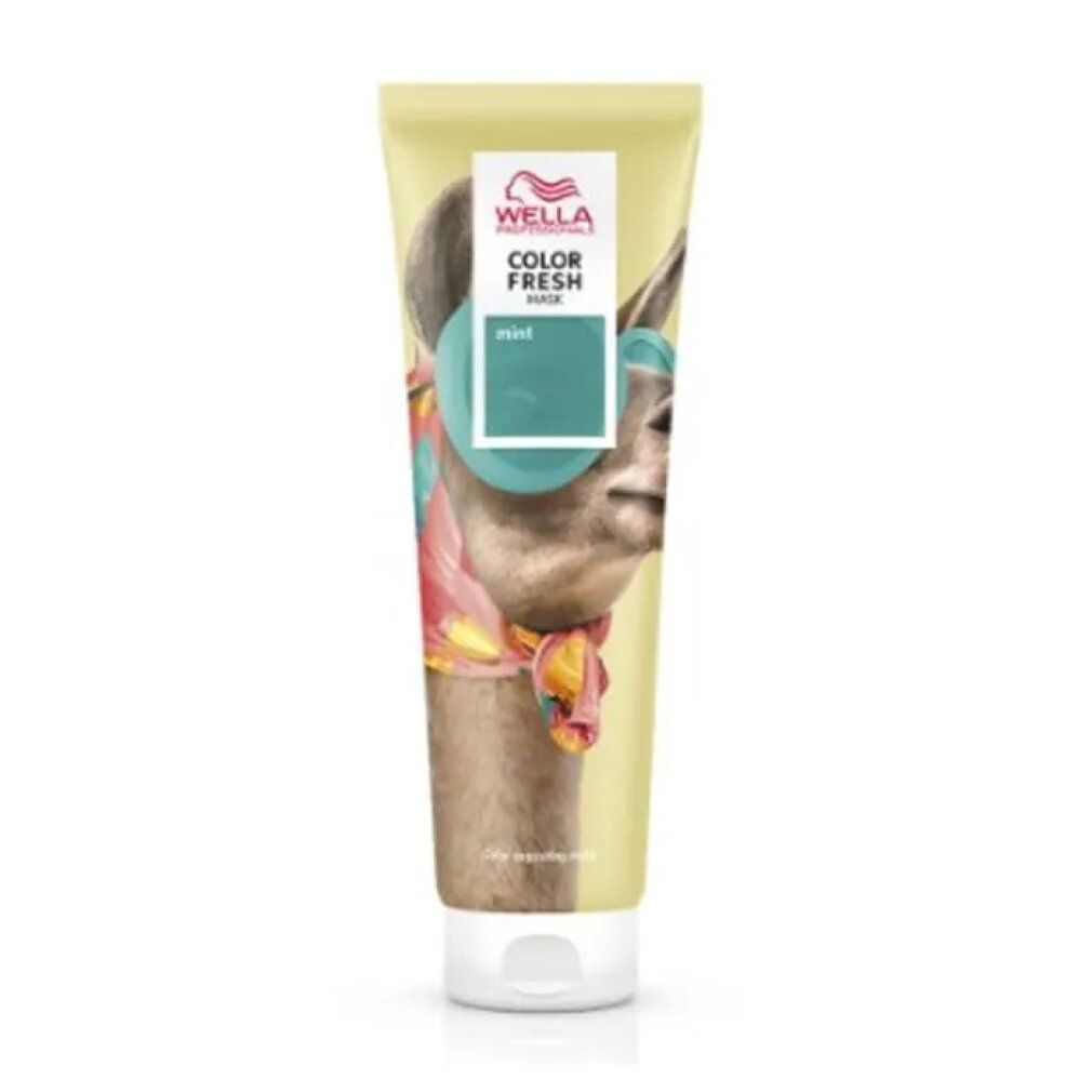 Tube mit Wella Color Fresh Mask Menta. Aufdruck mit Lama-Illustration und Produktbezeichnung. Weißer Deckel.