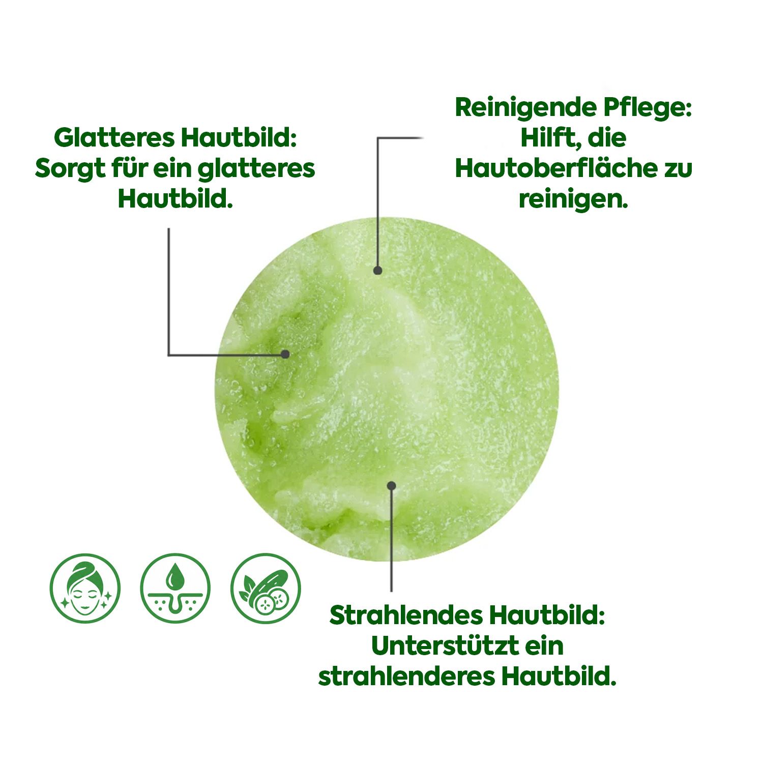 Nahaufnahme eines grünen Gels mit sichtbaren Partikeln. Beschriftung "Sanfte Reinigung".
