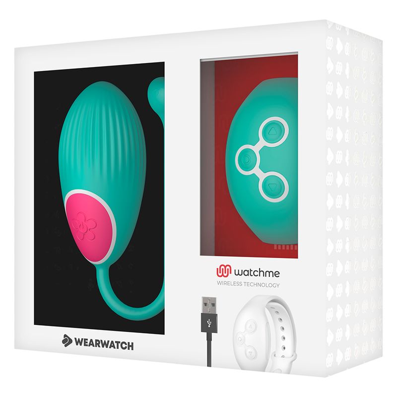 Wearwatch-Verpackung mit Vibro-Ei und Armband. Watchme-Logo. USB-Kabel.