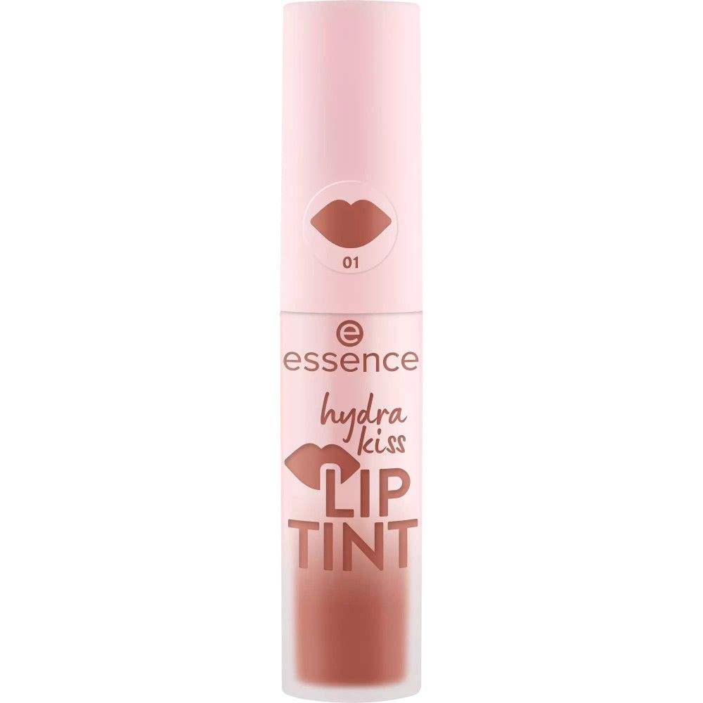 Lippen-Tint in rosa Verpackung. Aufschrift: essence, hydra kiss, LIP TINT. Lippen-Symbol und Farbnummer 01.