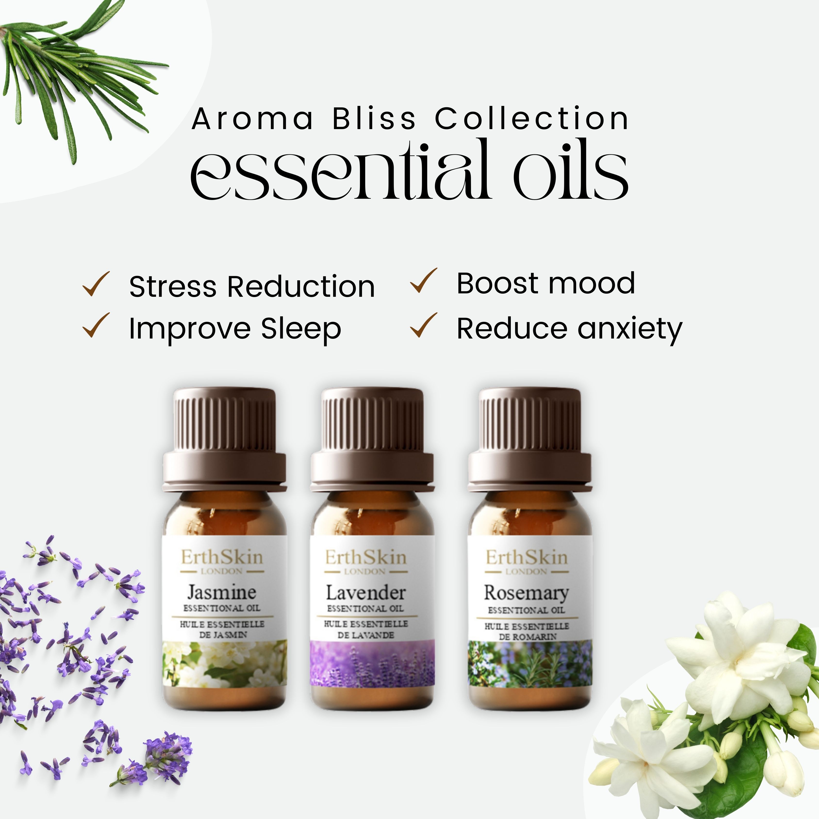 Drei Flaschen ätherischer Öle: Jasmin, Lavendel und Rosmarin. Mit floralen Elementen und Text zu Vorteilen.