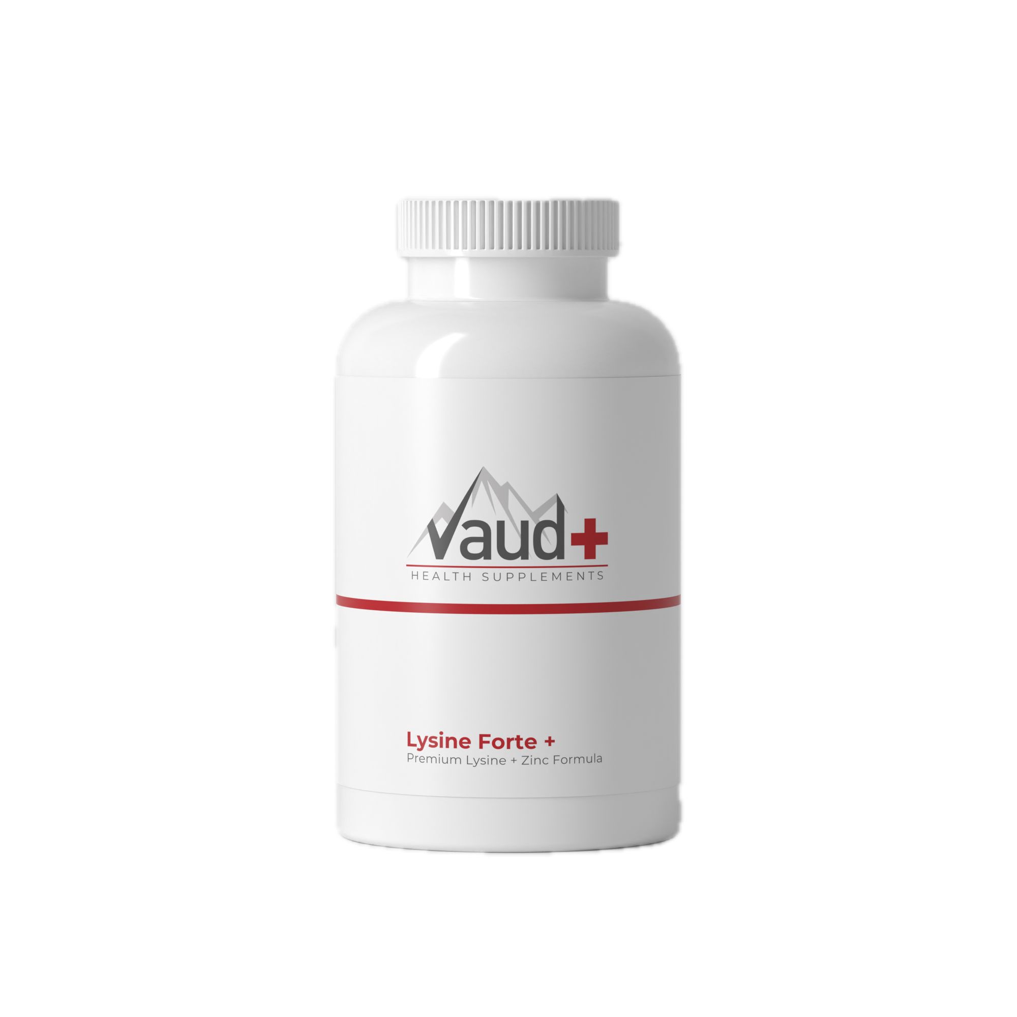 Weiße Flasche mit rotem Streifen und Logo. Text: Vaud+ Health Supplements, Lysine Forte+.