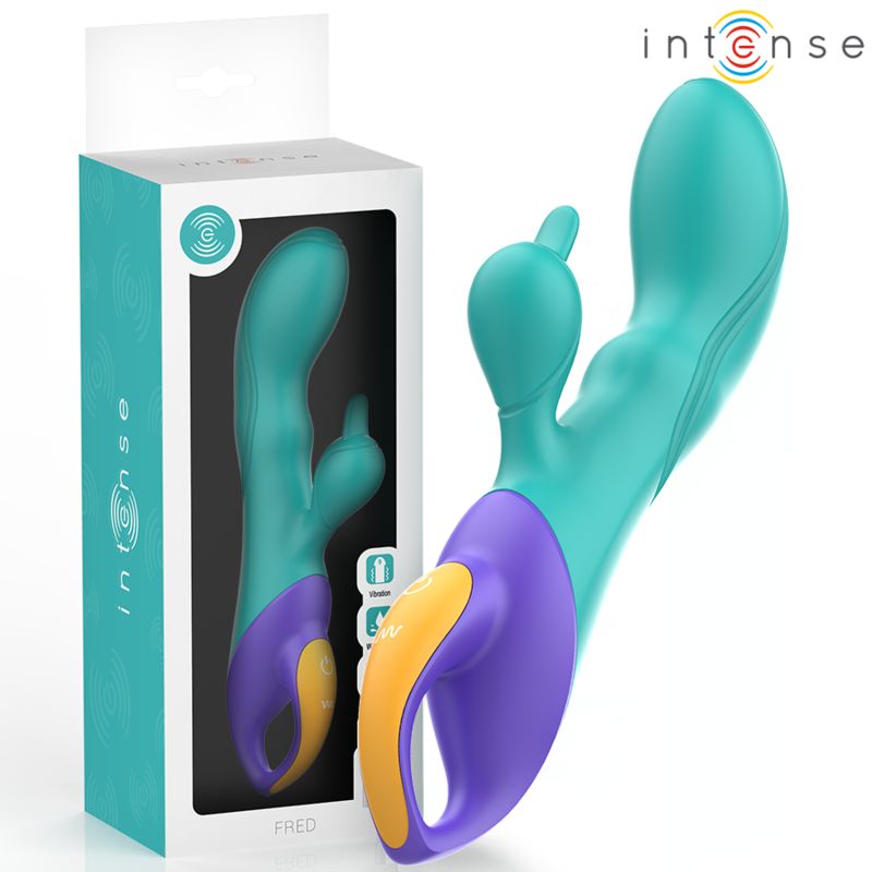 Vibrator in Verpackung. Türkis, lila und gelb. Produktname: FRED.