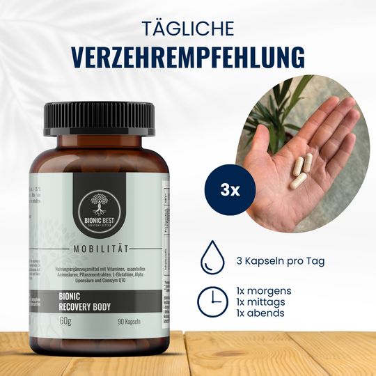 Braune Flasche mit Kapseln und Hand. Text: 3 Kapseln pro Tag, 1x morgens, 1x mittags, 1x abends. Logo: Bionic Best, Bionic Recovery Body.
