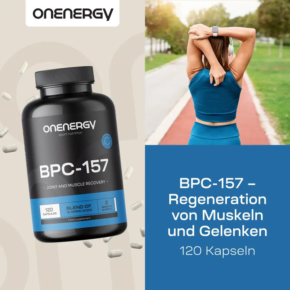 Dose BPC-157 Kapseln neben Sportlerin beim Dehnen. Für Regeneration von Muskeln und Gelenken.