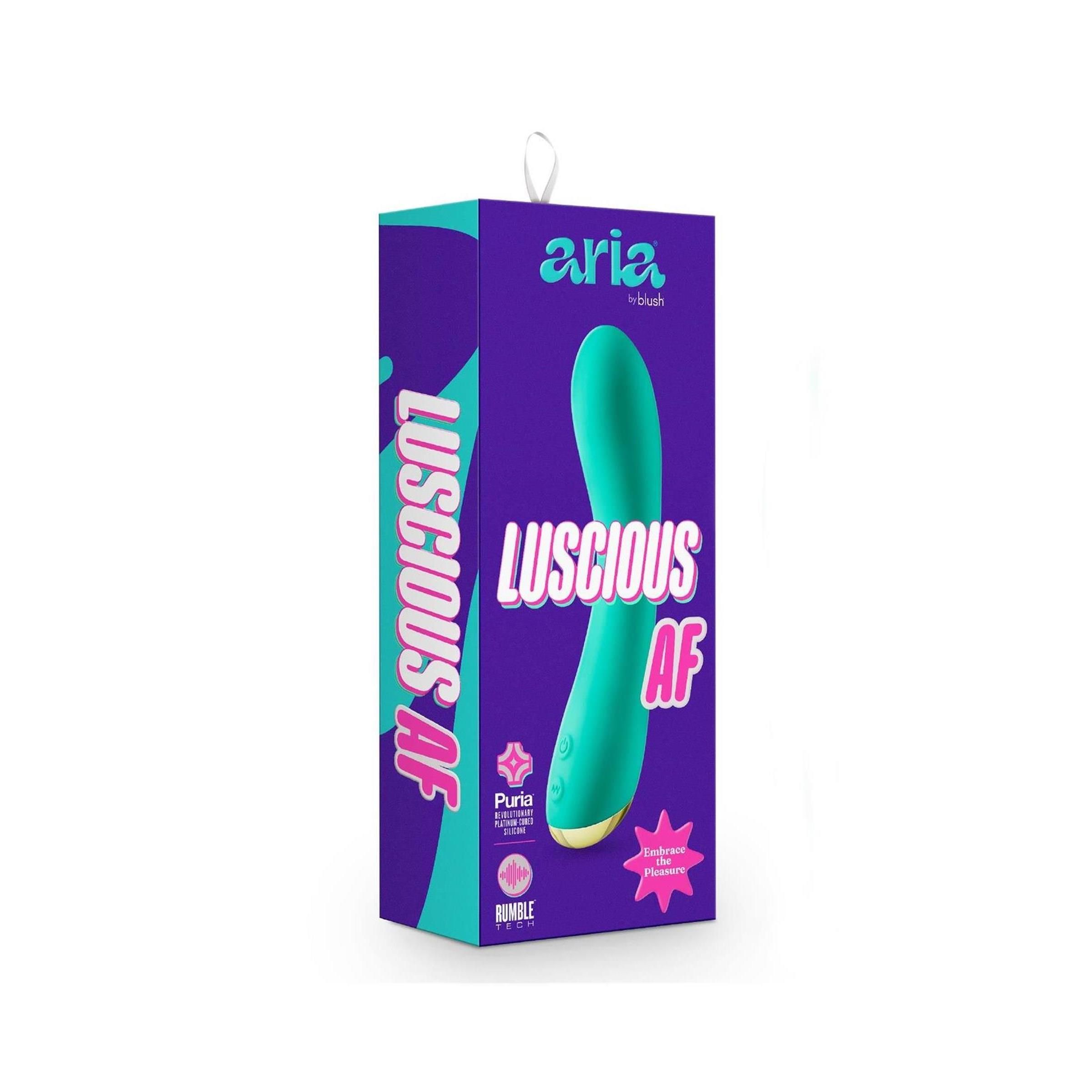 Verpackung mit Wellness-Produkt. Lila Schachtel mit Produktabbildung und Schriftzug LUSCIOUS AF. Marke ARIA.